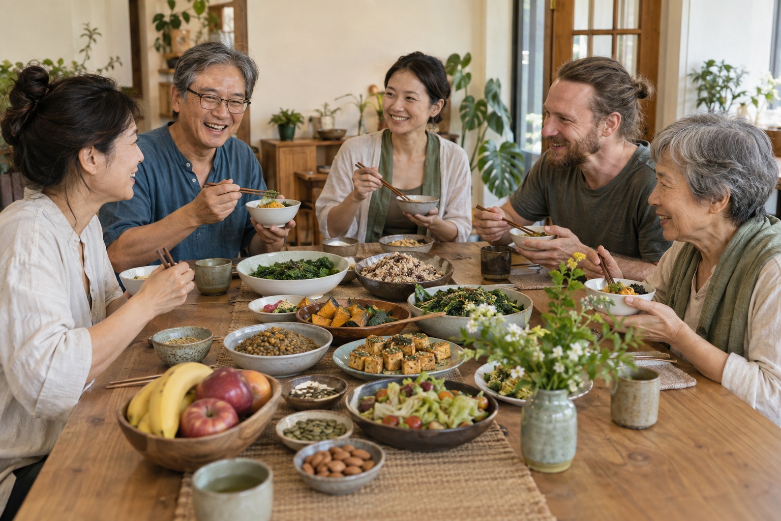 不同年齡的成人在室內共享悅性素食餐點