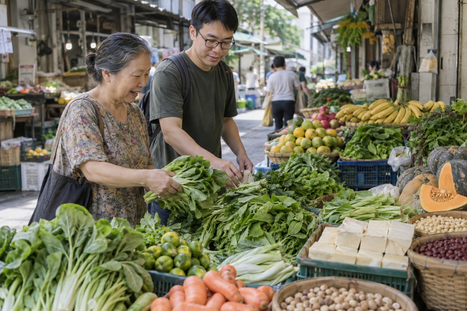 兩位成人在台北市場選購蔬菜、水果、豆腐與豆類